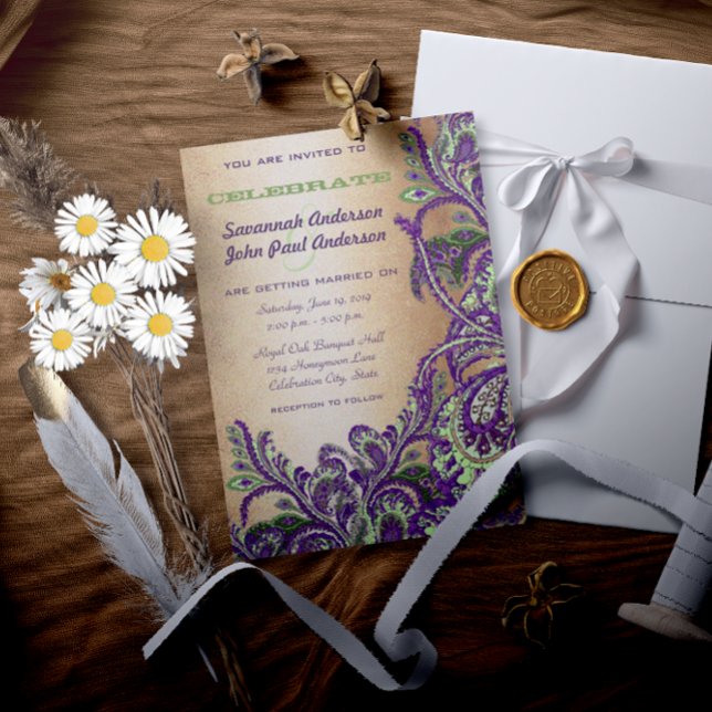 Gold Purple Green Vintage Peacock Paisley Wedding Invitation (Creator Uploaded)