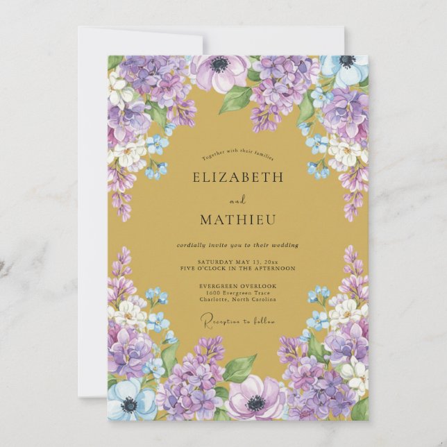 Gold Purple Hydrangea Eucalyptus Wedding Invitation (Front)