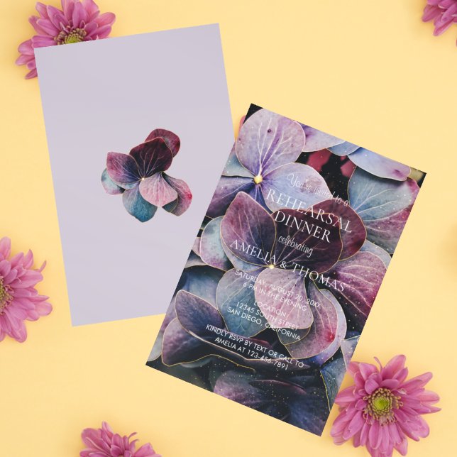 Gold Purple Hydrangeas Wedding Rehearsal Dinner Invitation (Creator Uploaded)