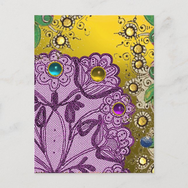 GOLD PURPLE LACE FLOWERS AND COLORFUL GEMSTONES POSTCARD (Front)