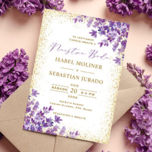 Gold Purple Lavender Nuestra Boda Spanish Wedding Invitation