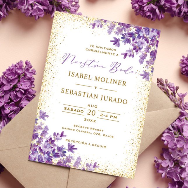 Gold Purple Lavender Nuestra Boda Spanish Wedding Invitation (Creator Uploaded)