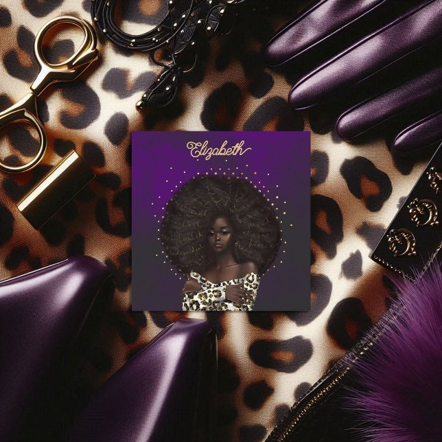 Gold & Purple Leopard African American Hair Salon Square Business Card (Gold and Purple Leopard African American Hair Salon Square Business Card)