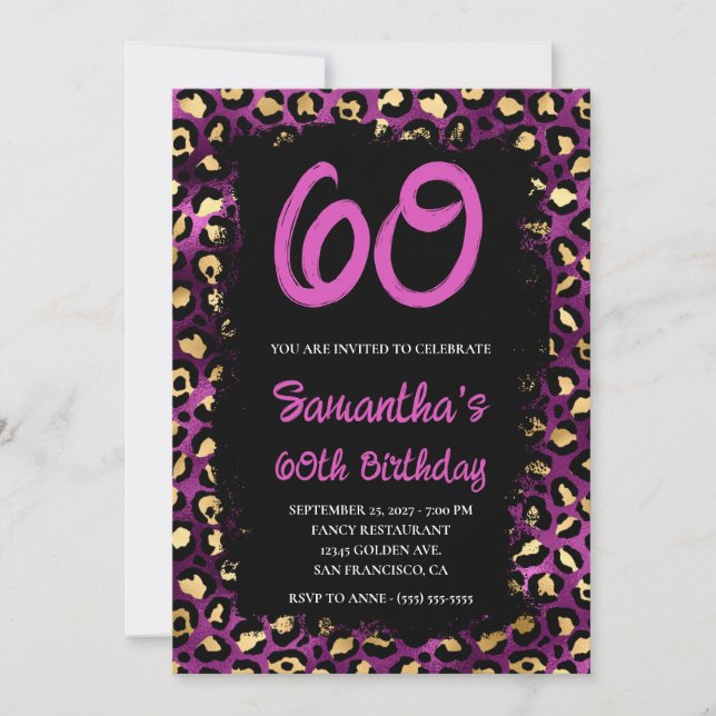 Gold Purple Leopard Painted Black 60th Birthday Invitation (Front)