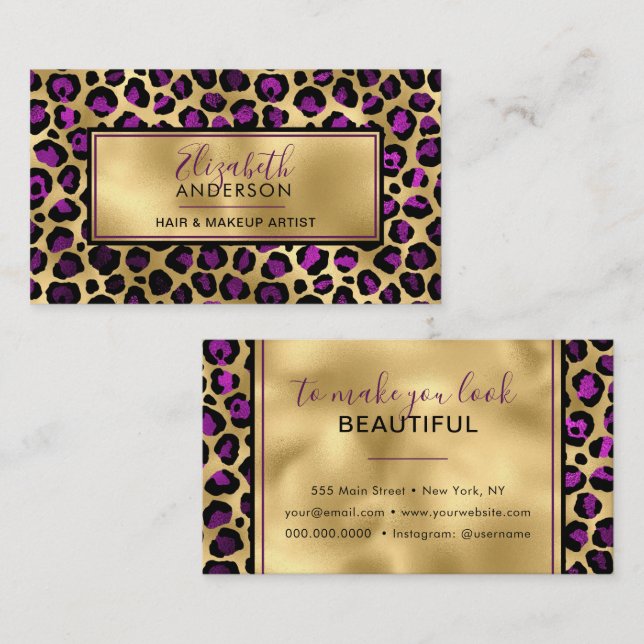 Gold Purple Leopard Print Fashion Trendy Modern Business Card (Front/Back)