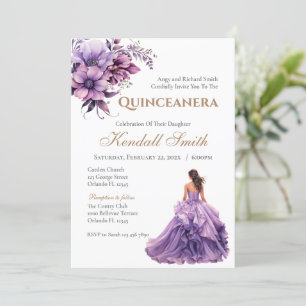 Gold Purple Lilac Floral Princess Quinceanera Invitation