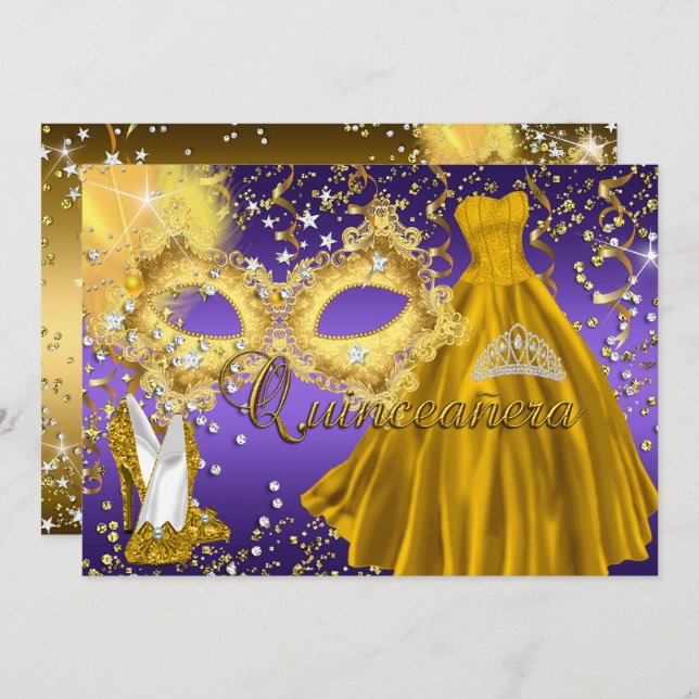 Gold Purple Mask Masquerade Quinceanera Invite (Front/Back)