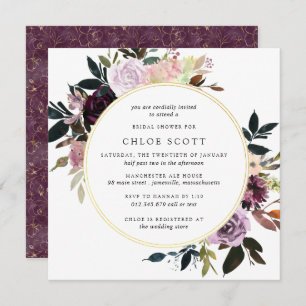 Gold Purple Mauve Pink Floral Bridal Shower Invitation