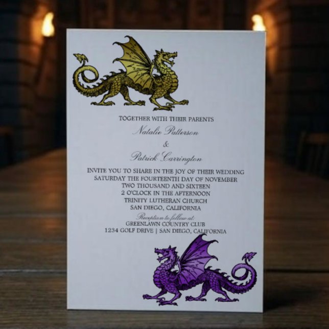 Gold Purple Mediaeval Dragon Wedding Invite (Gold Purple Medieval Dragon Wedding Invite)