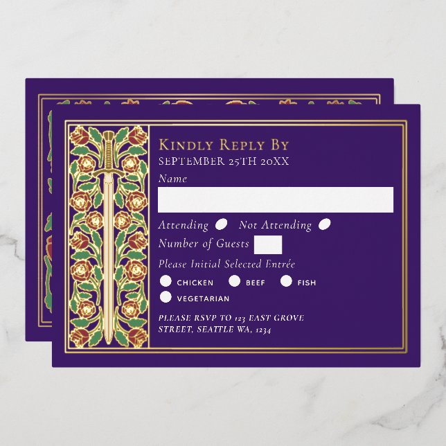 Gold Purple Mediaeval Sword Wedding RSVP (Front/Back)