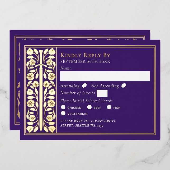 Gold Purple Mediaeval Sword Wedding RSVP (Front/Back)
