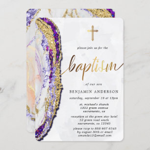 Gold & Purple Mineral Stone Watercolor Baptism Invitation