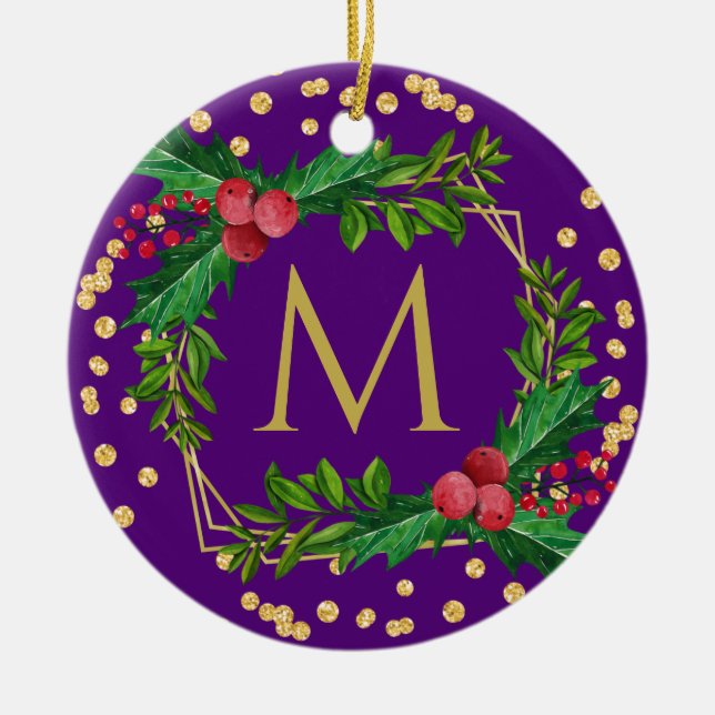 Gold Purple Monogram Merry Christmas Holly Glitter Ceramic Tree Decoration (Front)