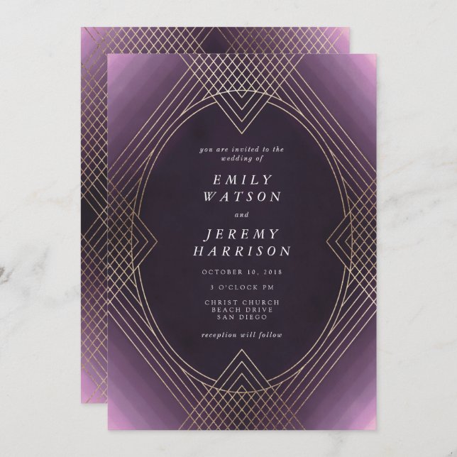 Gold Purple Oval Geometric Art Deco Gatsby Wedding Invitation (Front/Back)