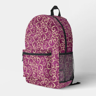 Gold & Purple Pink Damask Pattern Cute Monogrammed Printed Backpack