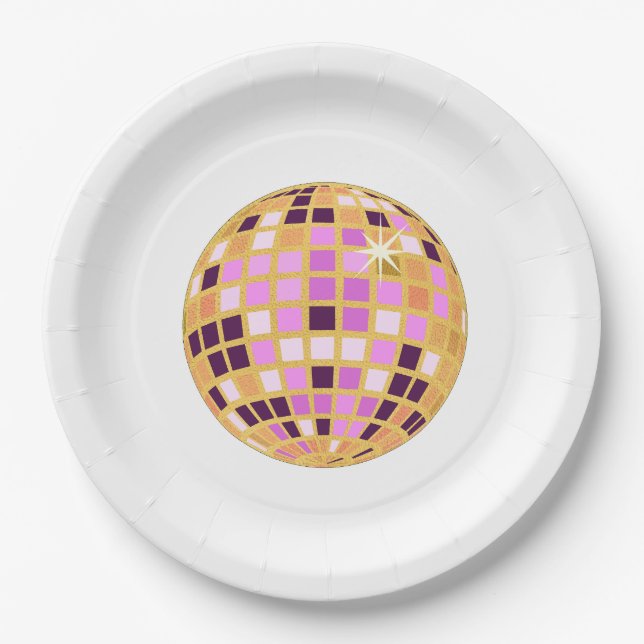 Gold Purple Retro Modern Disco Ball  Paper Plate (Front)