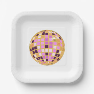 Gold Purple Retro Modern Disco Ball Paper Plate