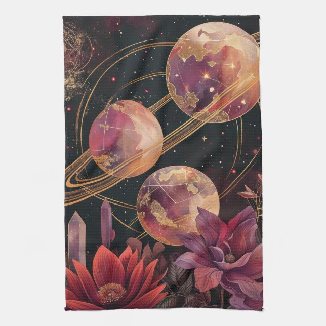Gold Purple Ringed Planet Celestial Garden Tea Towel (Vertical)