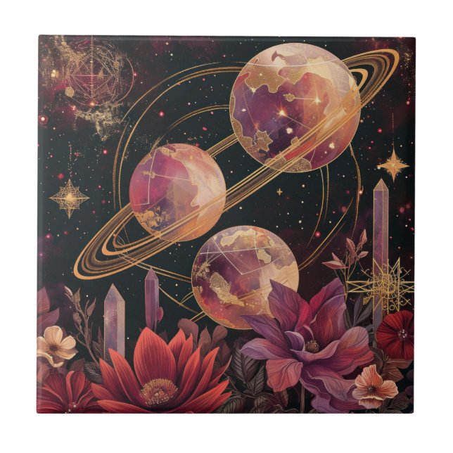 Gold Purple Ringed Planet Celestial Garden Tile (Front)