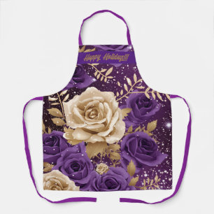 Gold & Purple Roses "Happy Holiday's!!!" Floral Apron