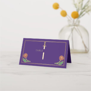 Gold Purple Royal Mediaeval Floral Sword Wedding Place Card