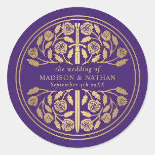 Gold Purple Royal Mediaeval Sword Wedding  Classic Round Sticker
