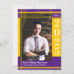 Gold Purple School Color Graduation Photo Plaid Invitation