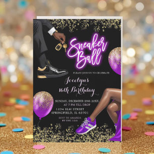 Gold Purple Sneaker Disco Ball Girl 16th Birthday Invitation