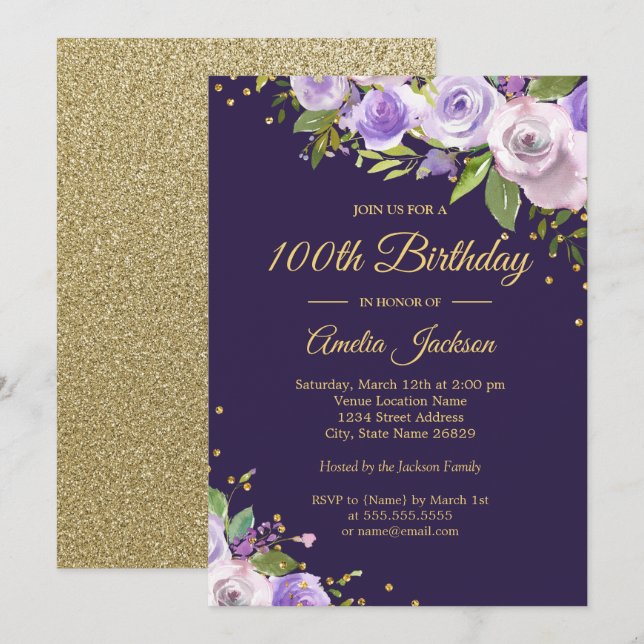 Gold Purple Sparkle Floral 100th Birthday Invite (Front/Back)