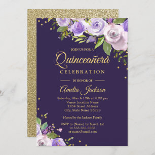 Gold Purple Sparkle Floral Quinceanera Invite