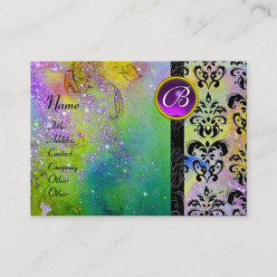 GOLD PURPLE SPARKLING DAMASK MONOGRAM green yellow Business Card
