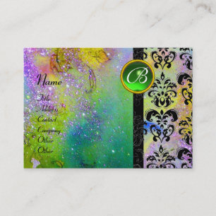 GOLD PURPLE SPARKLING DAMASK MONOGRAM green yellow Business Card