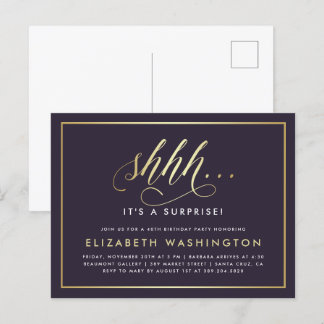 Gold & Purple Surprise Birthday Party Invitation Postcard