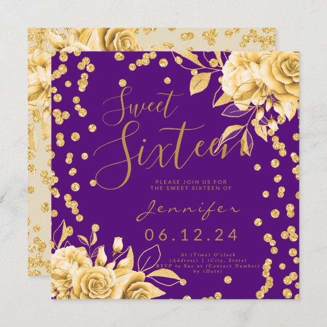 Gold Purple Sweet 16 Glitter Confetti Floral Invitation (Front/Back)