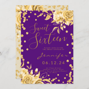 Gold Purple Sweet 16 Glitter Confetti Floral Invitation