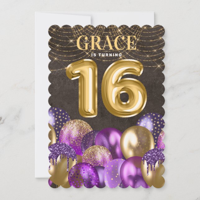 Gold Purple Sweet Sixteen Birthday Invitation (Front)