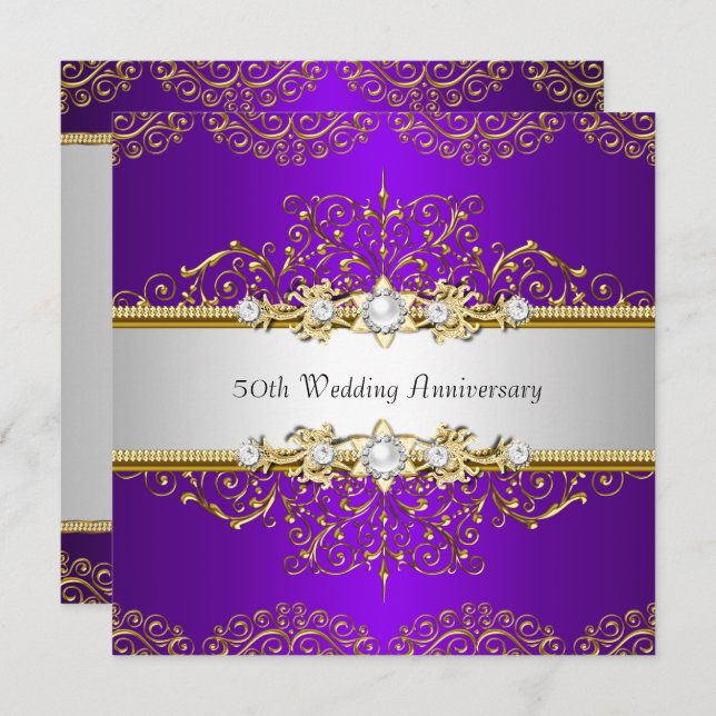 Gold Purple Swirl 50th Wedding Anniversary Invitation (Front/Back)