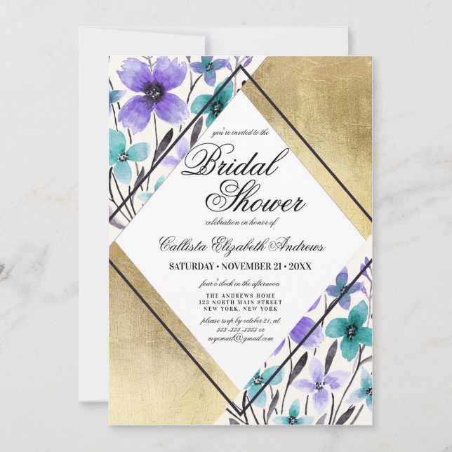 Gold Purple Teal Flower Watercolor Bridal Shower Invitation (Front)