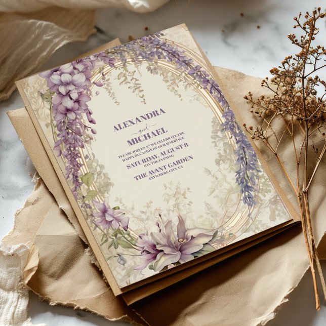 Gold Purple Vintage Floral Wedding Invitation (Creator Uploaded)