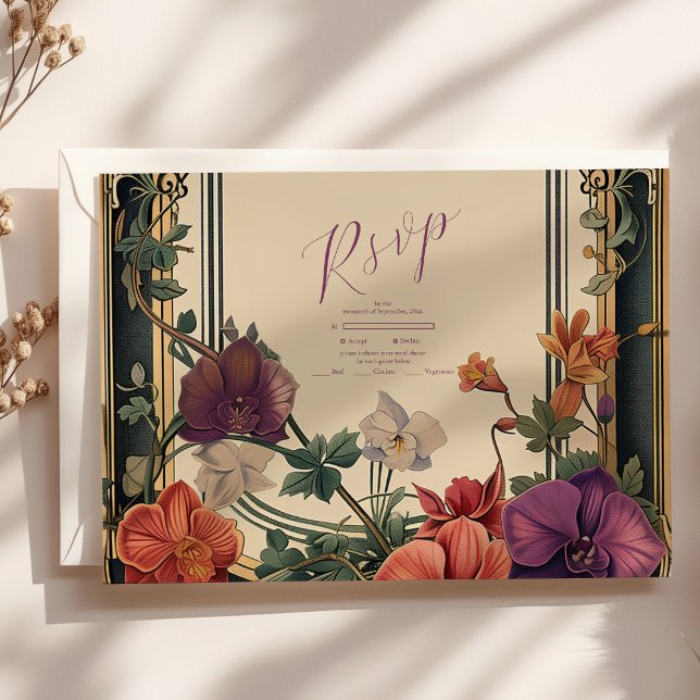 Gold Purple Vintage Floral Wedding RSVP Card (Creator Uploaded)