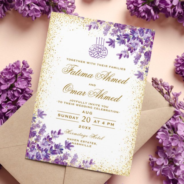 Gold Purple Violet Lavender Islamic Muslim Wedding Invitation (Creator Uploaded)