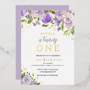 Gold Purple Watercolor Floral Girl 1st Birthday