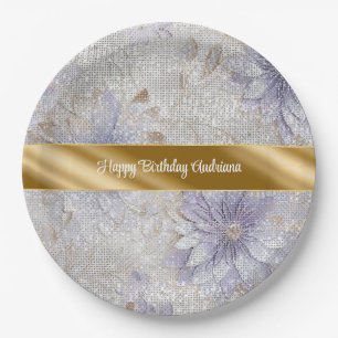 Gold Purple White Floral Sparkle Birthday Paper Plate