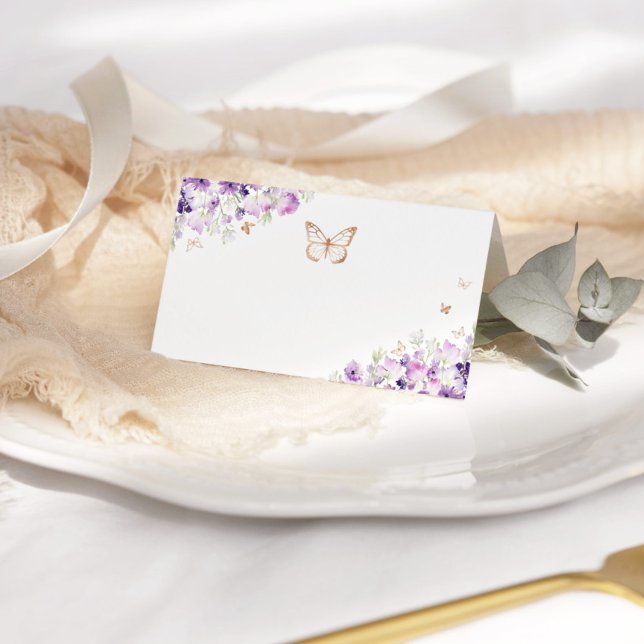 Gold purple wildflowers butterfly place card (Creator Uploaded)