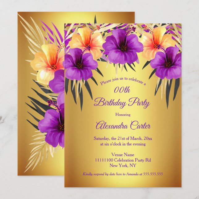Gold Purple Yellow Hibiscus palms Birthday Party Invitation (Front/Back)