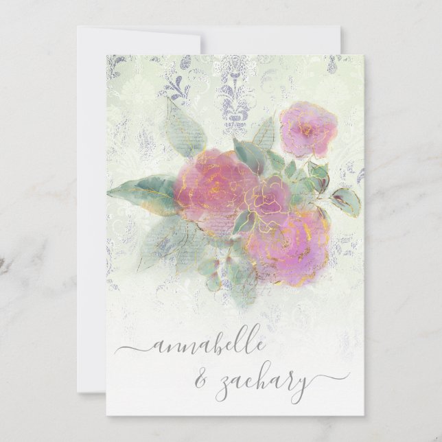 *~* Gold QR AR12 Damask RSVP Rose Bouquet Wedding  Invitation (Front)