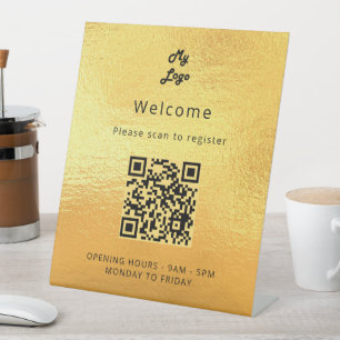 Gold QR code customer registration welcome Pedestal Sign