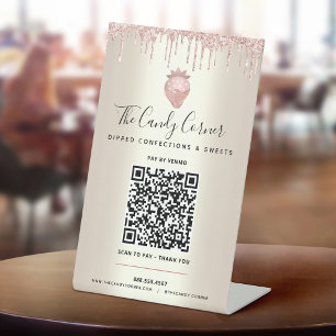 Gold QR Code Pay Here Pink Strawberry Glitter Drip Pedestal Sign