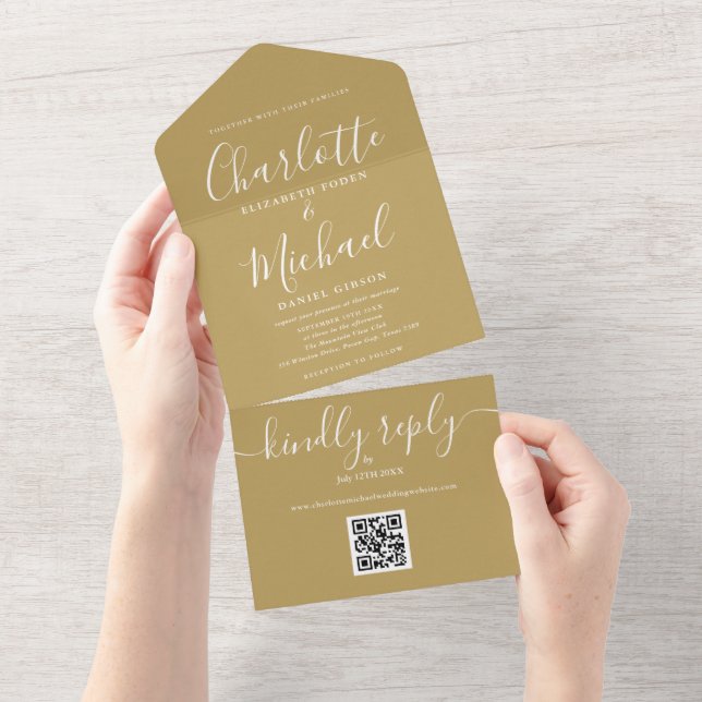 Gold QR Code Script Minimalist Wedding All In One Invitation (Tearaway)