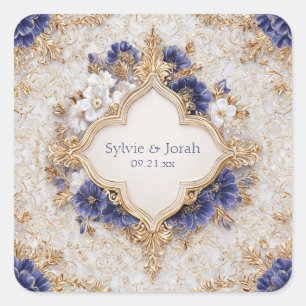 Gold Quatrefoil Frame Indigo Blue White Floral Square Sticker